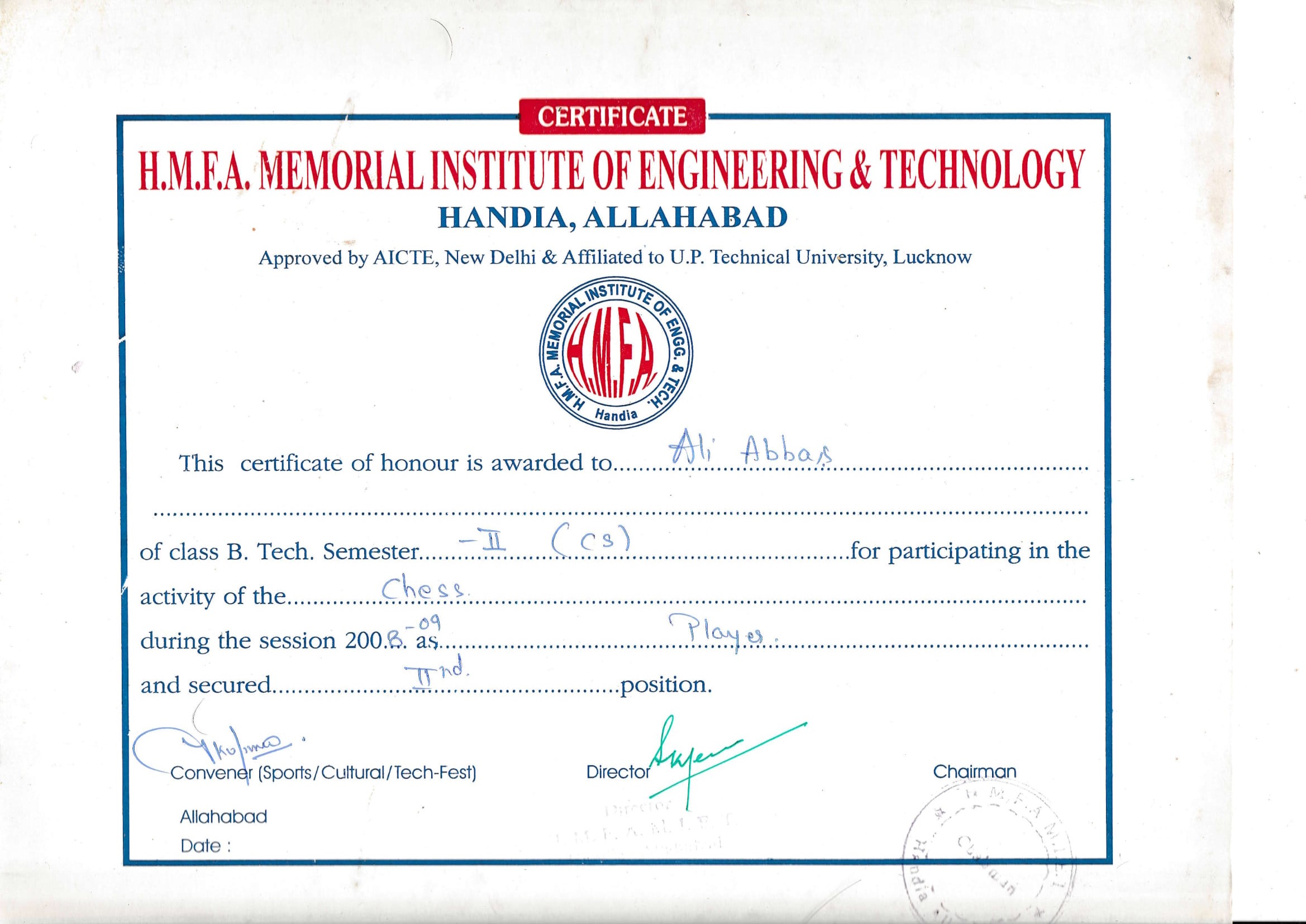 HMFA MIET Chess Certifiacte